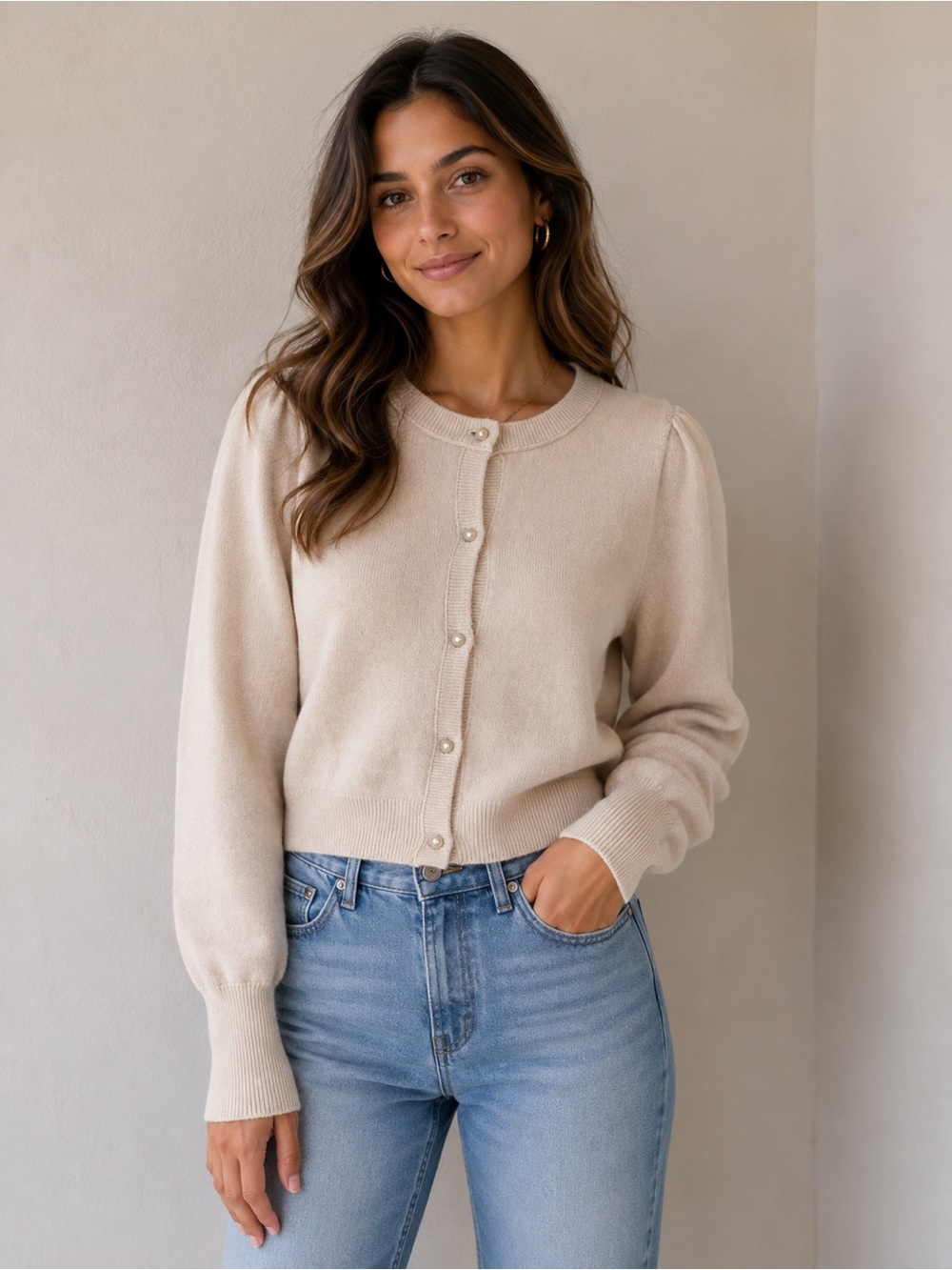 Free People Cream Cropped Button-Front Cardigan